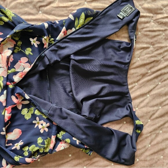 JH Jessica Howard Navy Floral Sleeveless Fit & Flare Pleated Neckline Fully Line - Picture 4 of 10